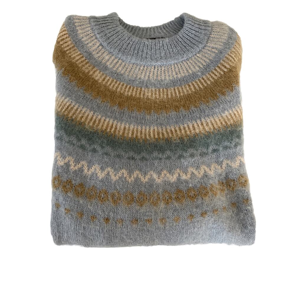 J.Crew Womens Lge Fair Isle Yoke Puff-Sleeve Sweater Blue Alpaca Blend BD152